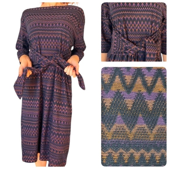 ZARA TRAFALUC Knit Midi Dress Chevron Aztec Ties at Waist  Size: Small oversized - Picture 1 of 12